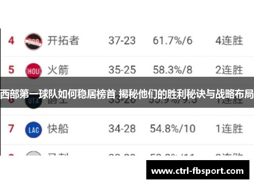西部第一球队如何稳居榜首 揭秘他们的胜利秘诀与战略布局