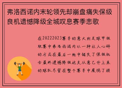 弗洛西诺内末轮领先却崩盘痛失保级良机遗憾降级全城叹息赛季悲歌